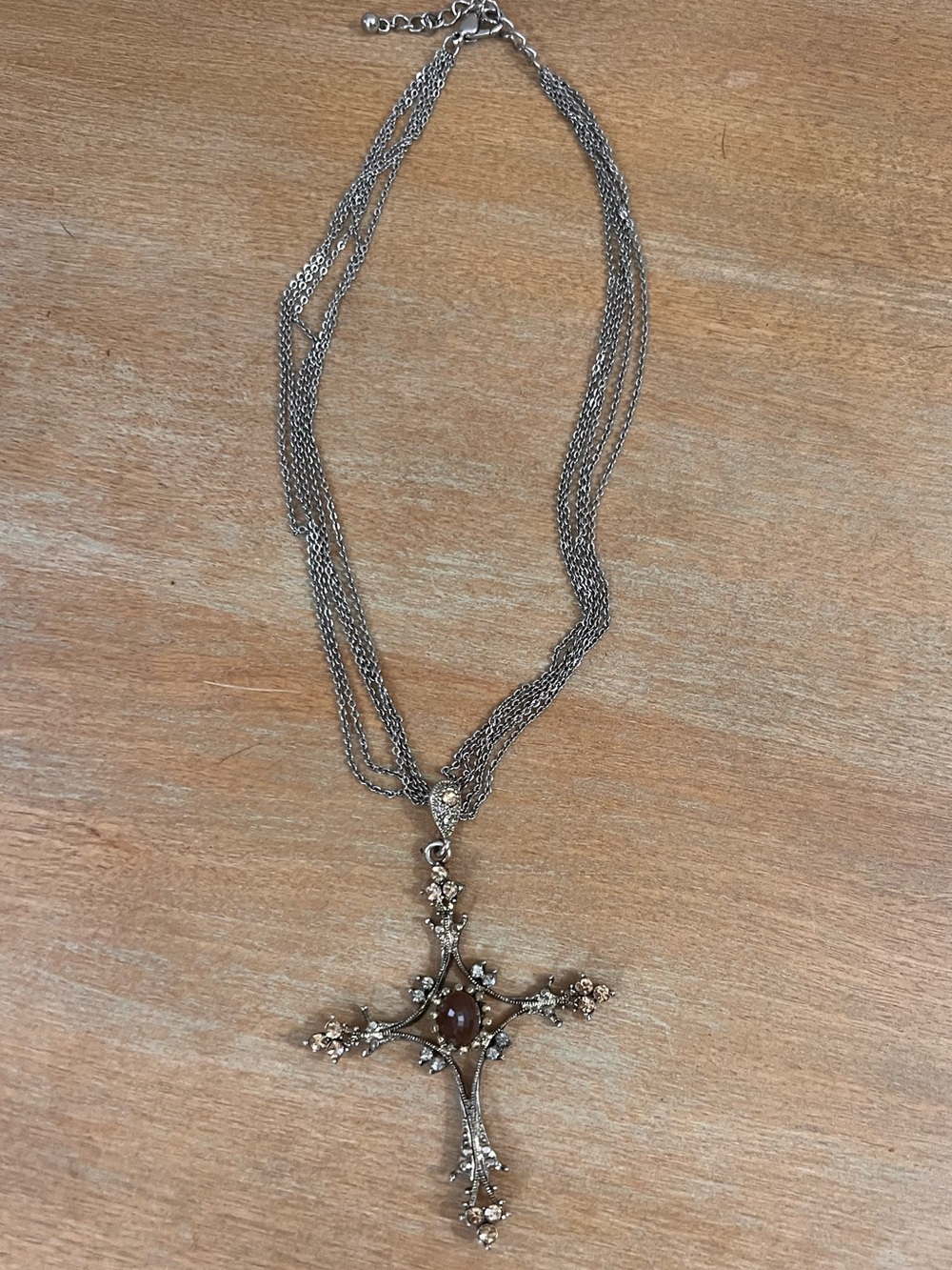 Silver-Tone Elegant Cross Pendant Necklace with Brown Center Stone